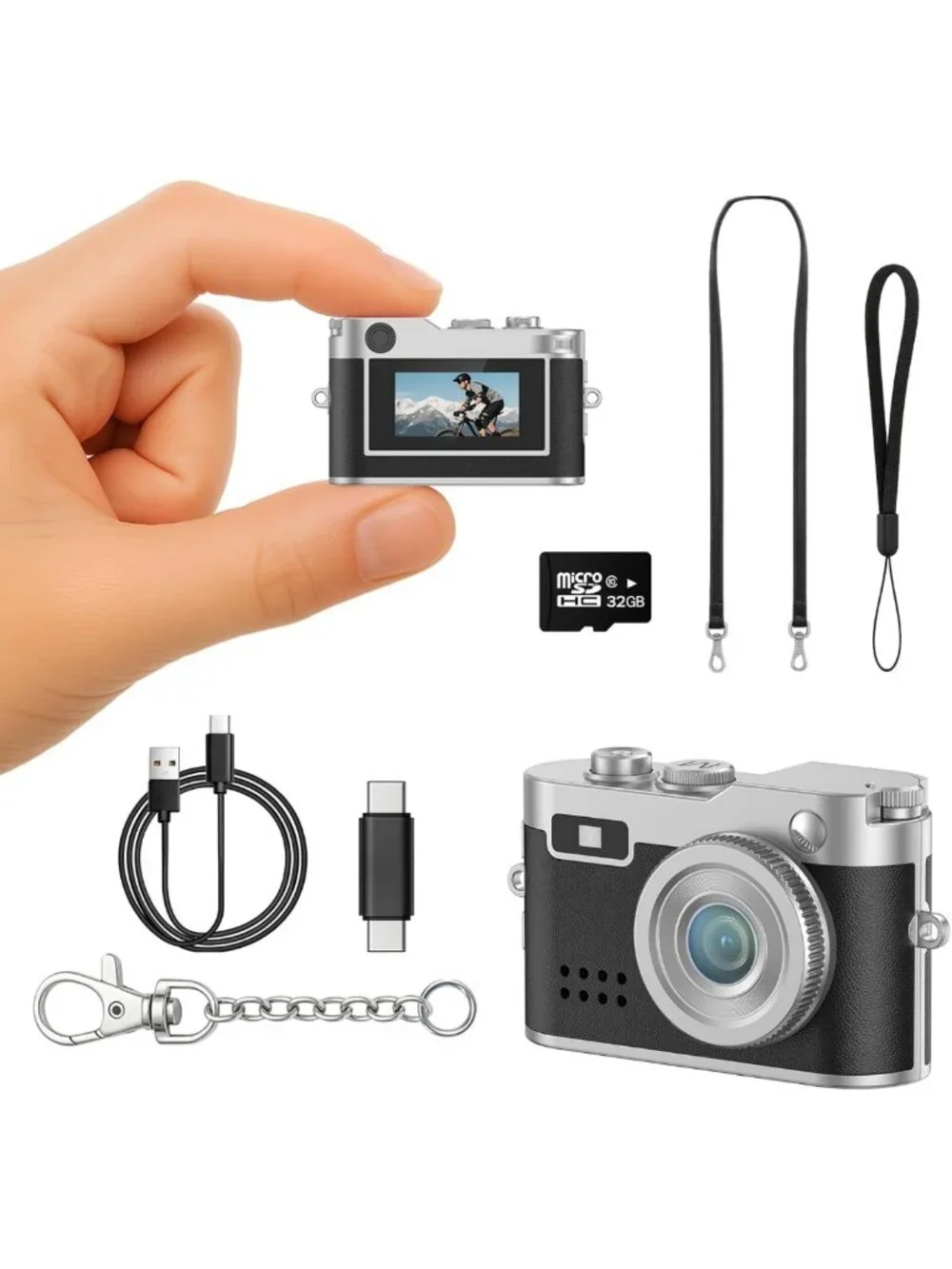 Mini Digital Camera 1080P HD Keychain, Compact Retro Pocket Cam with 32GB Card